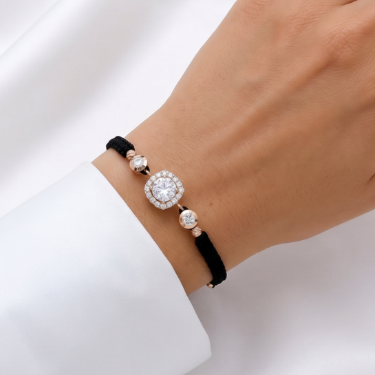 Rose black color cord gold thread bracelet #68858