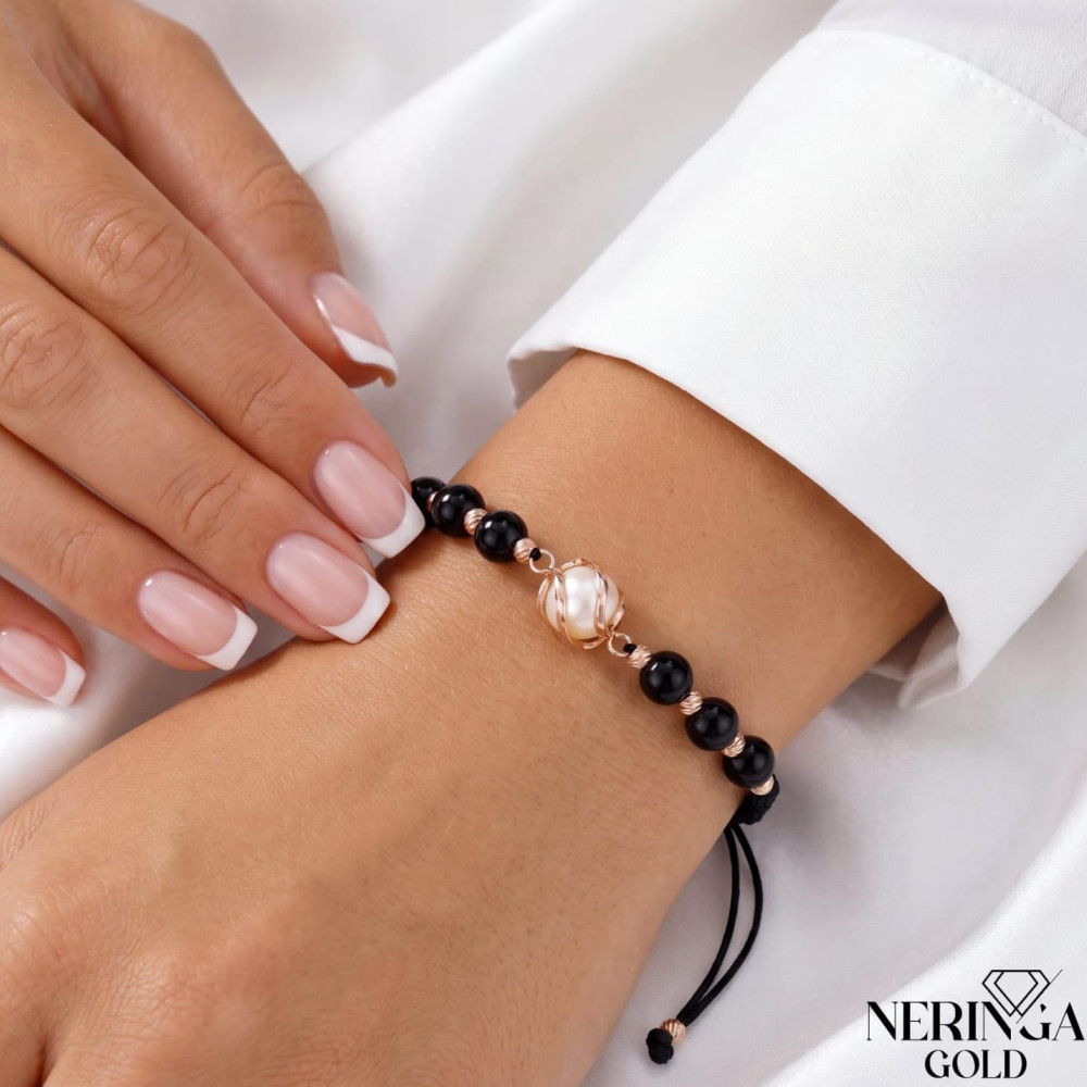 Rose black color cord gold thread bracelet #69697