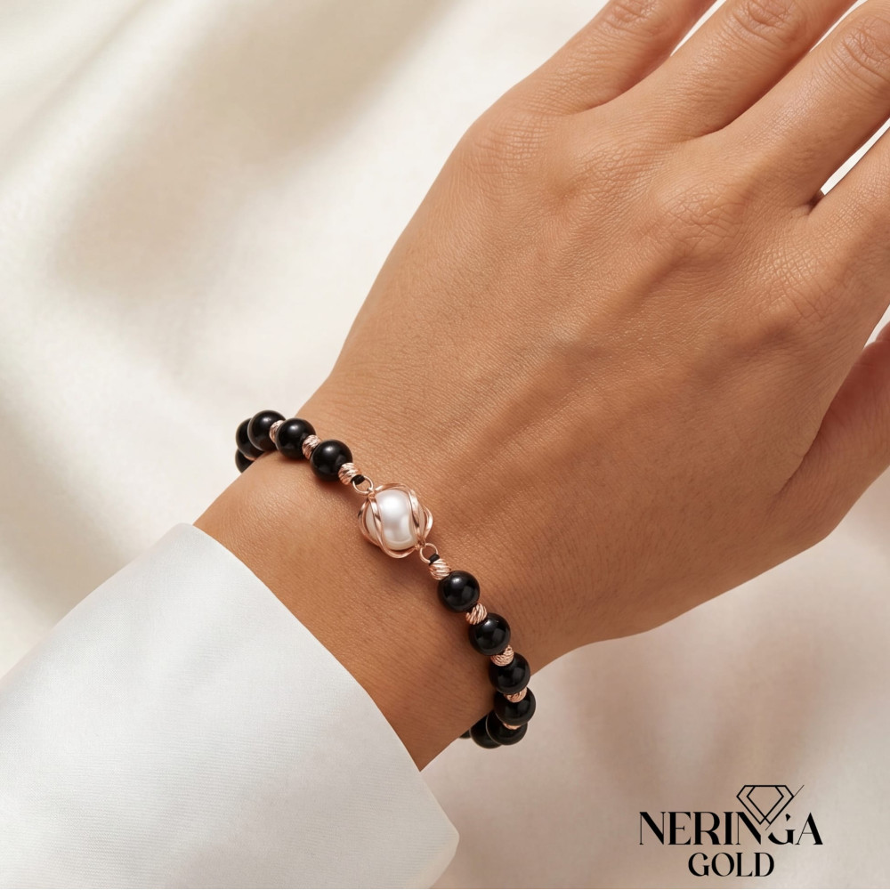 Rose black color cord gold thread bracelet #69696