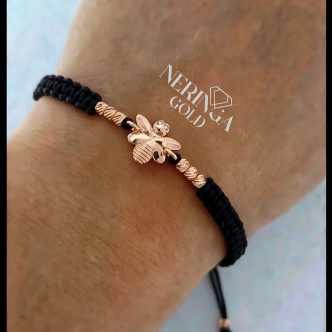Rose black color cord gold thread bracelet #69795