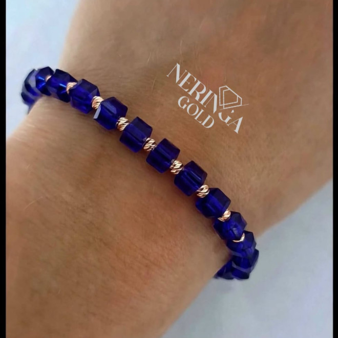 Rose blue color cord gold thread bracelet #69814