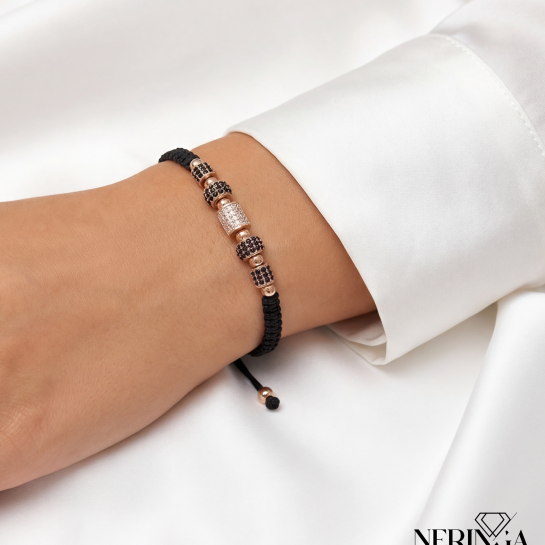 Rose black color cord gold thread bracelet #66856