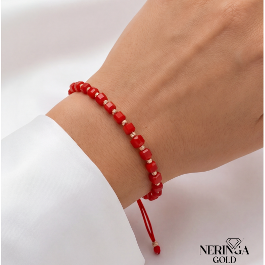Rose red color cord gold thread bracelet #68831