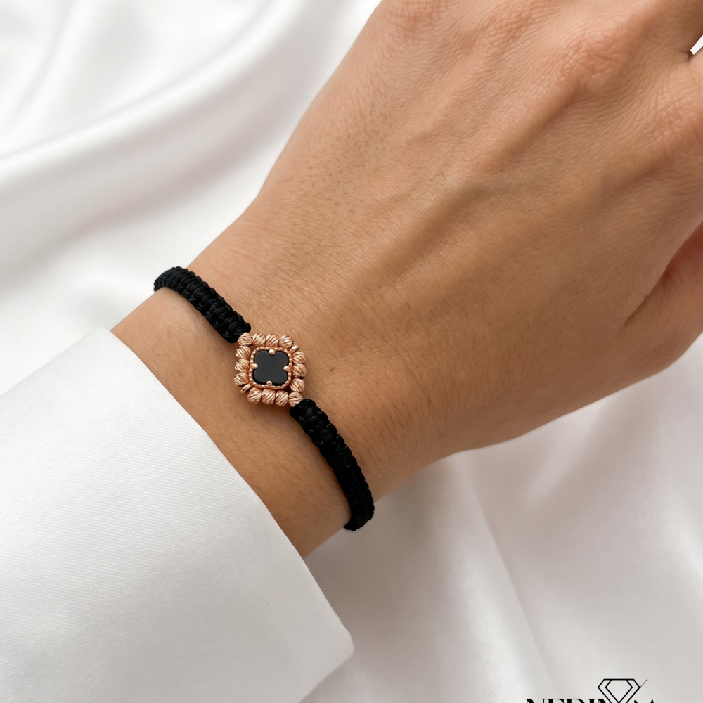 Rose black color cord gold thread bracelet #68855